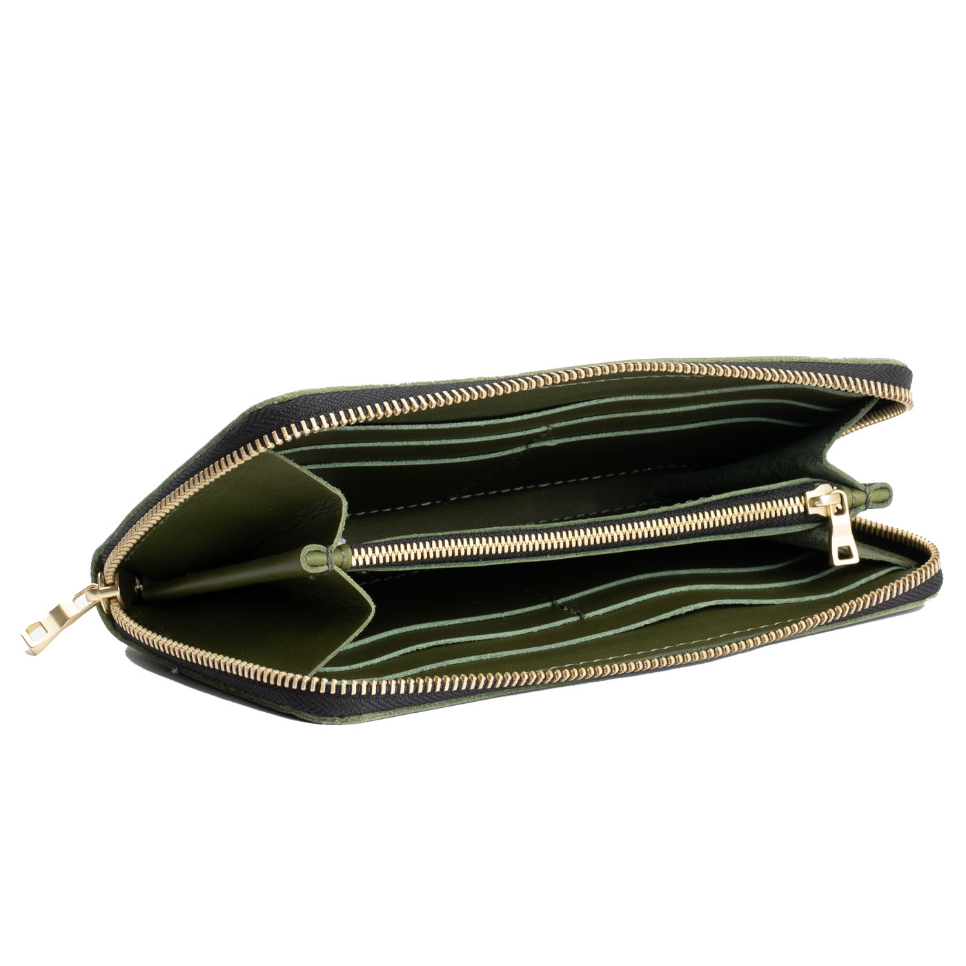 Pine | Large accordion leather wallet with zipper open