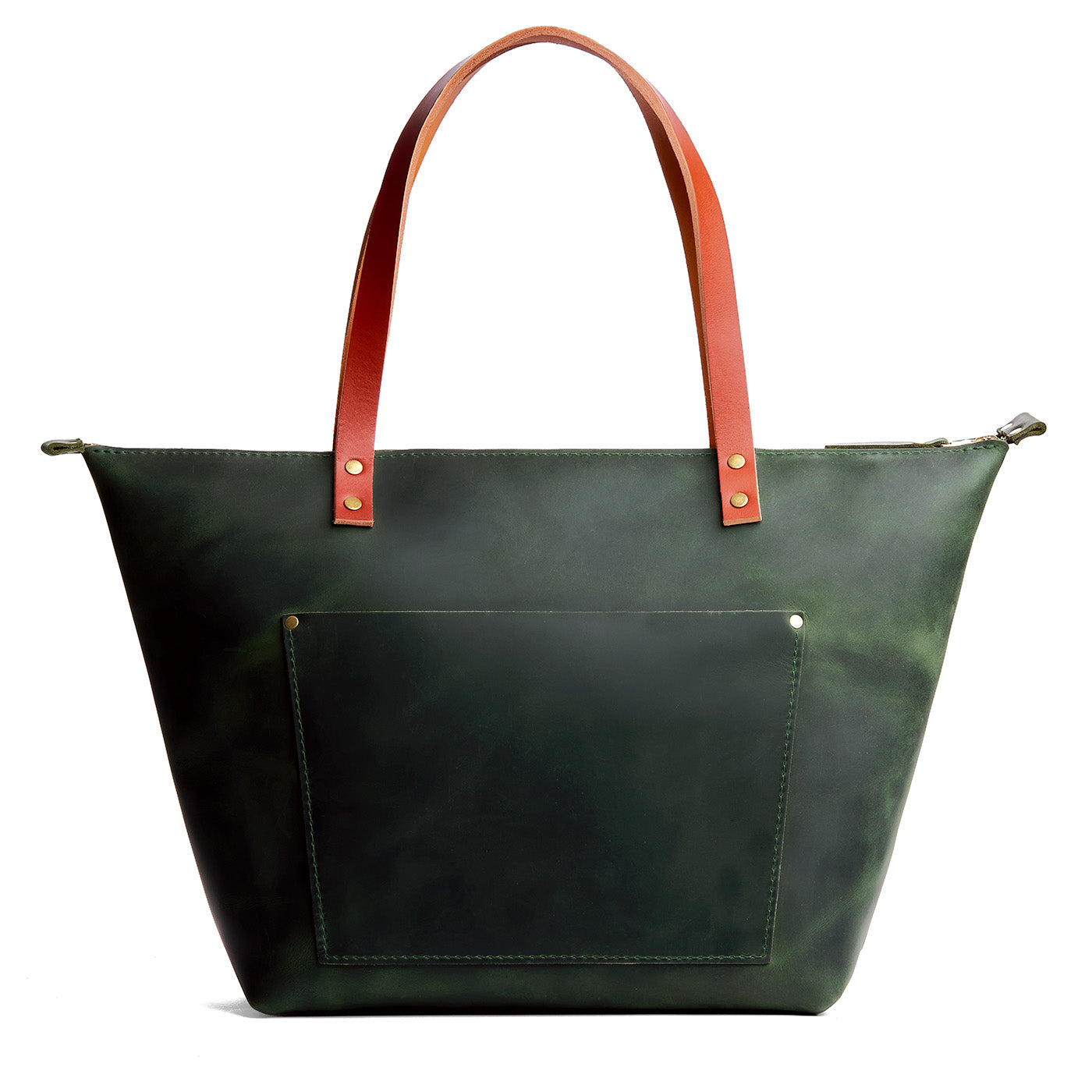 Evergreen*Zipper | Large zipper leather tote bag with sturdy bridle handles and front pocket