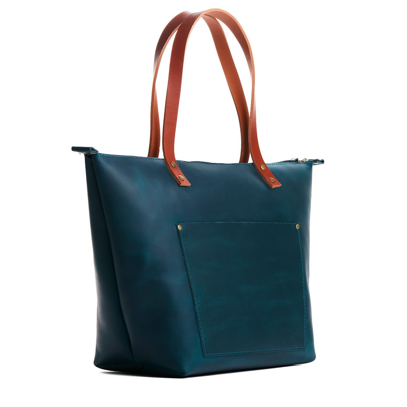 Westward Blue*Zipper | Large zipper leather tote bag with sturdy bridle handles and front pocket