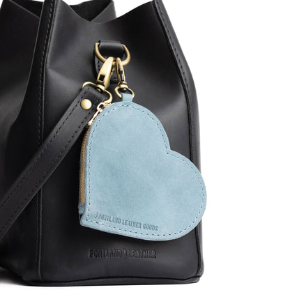 Aqua | Heart-shaped leather pouch keychain with zipper top and lobster clasp