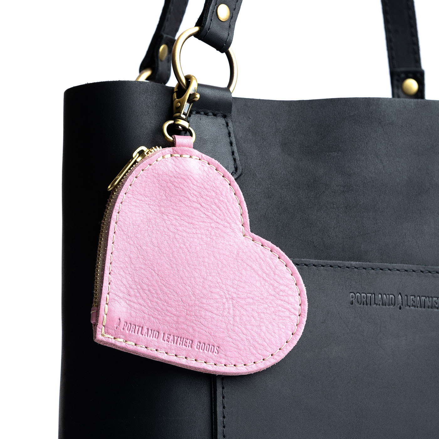 Vintage Pink | Heart-shaped leather pouch keychain with zipper top and lobster clasp