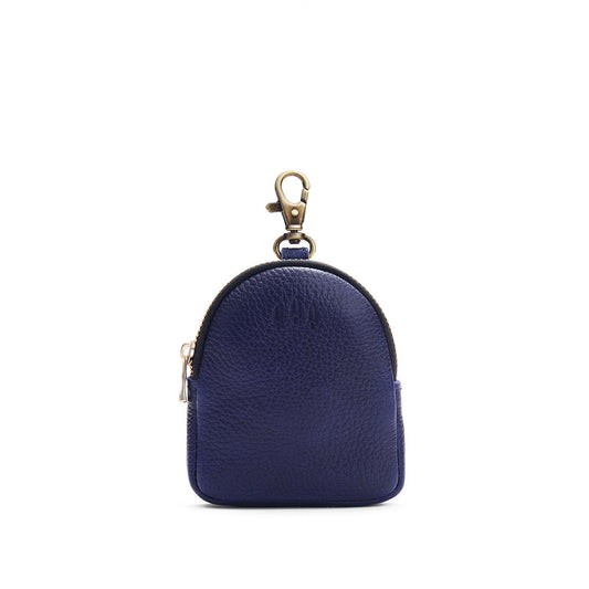 Cobalt | Leather keychain pouch with zipper top, swivel lobster clasp, and debossed emblem of three PLG trees