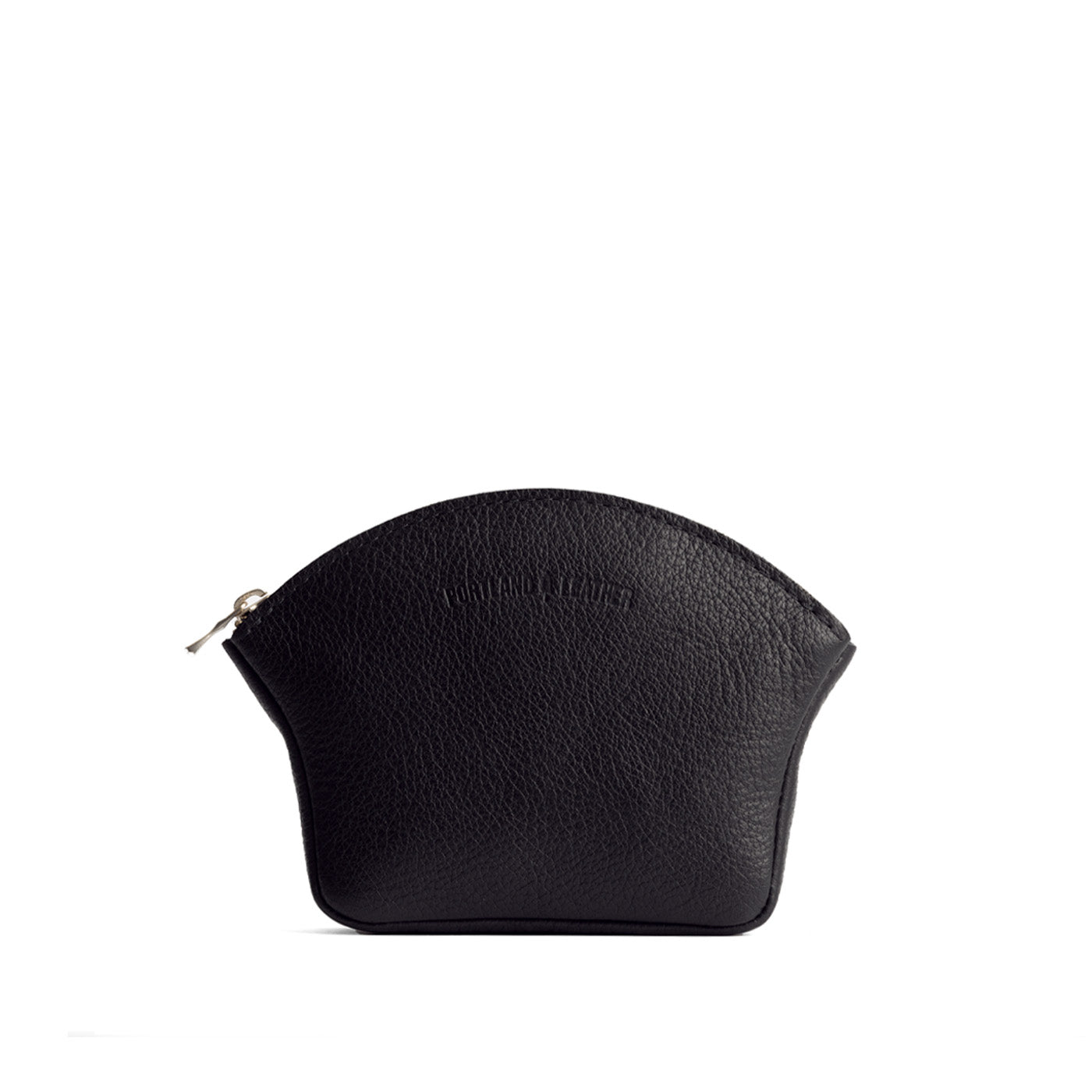 Pebbled--black*Large | Seashell shaped leather makeup bag with curved top zipper and flat bottom