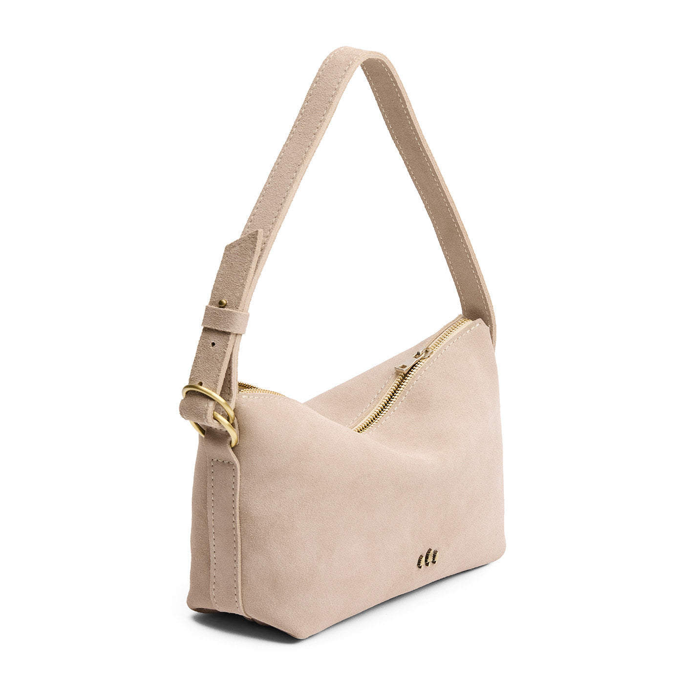 Taupe*Small | Slouchy Shoulder Bag that has a zipper opening and three metal tree emblems on a white background