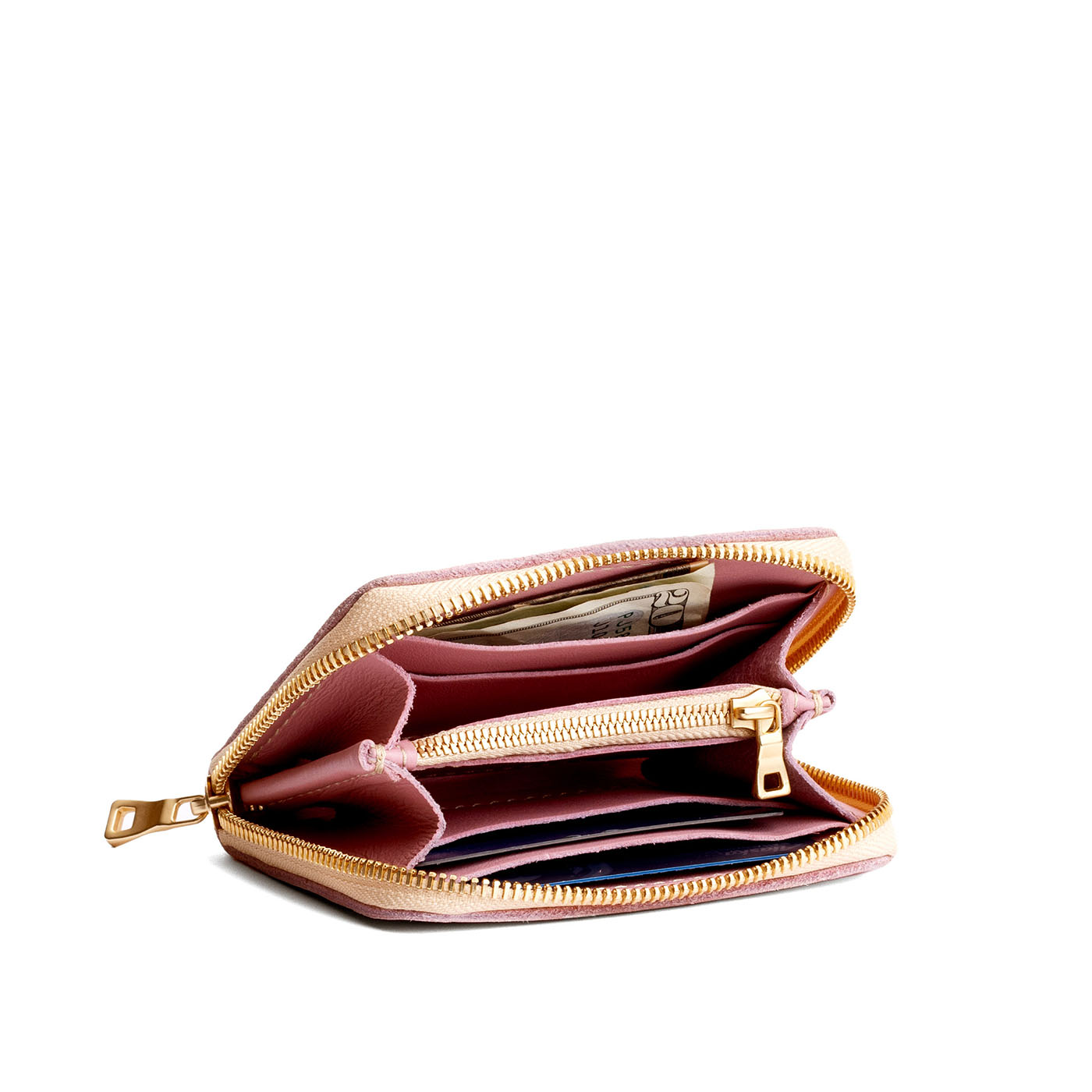 Vintage Pink | Small leather wallet with zipper open