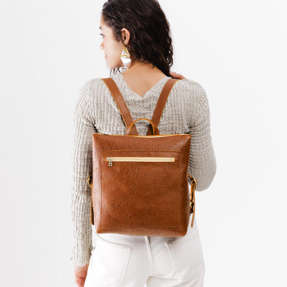 Meadow*Large | Model wearing square slim leather tote backpack