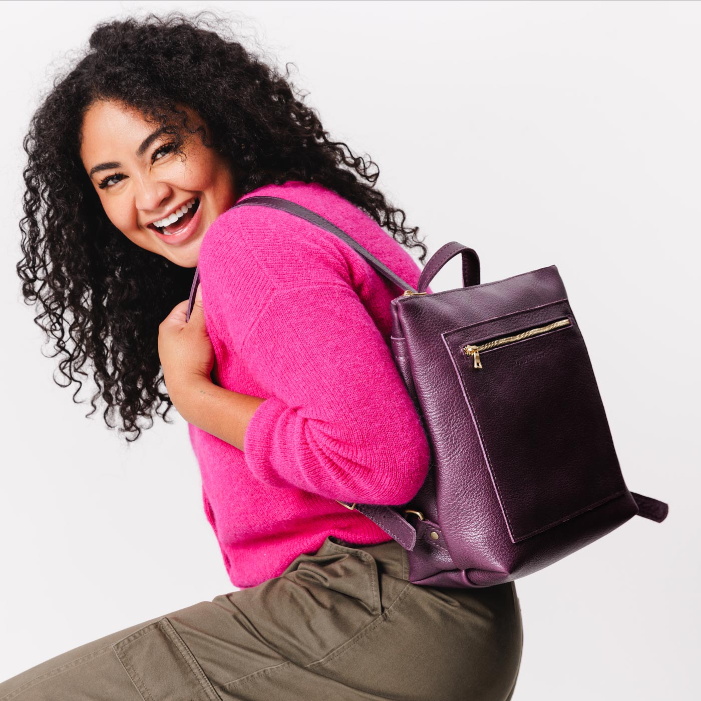 All Color: Plum*Large | Model wearing square slim leather tote backpack