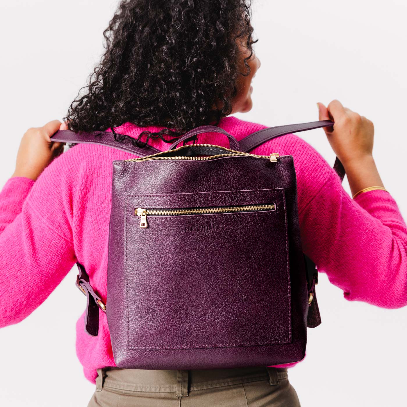 All Color: Plum*Large | Model wearing square slim leather tote backpack