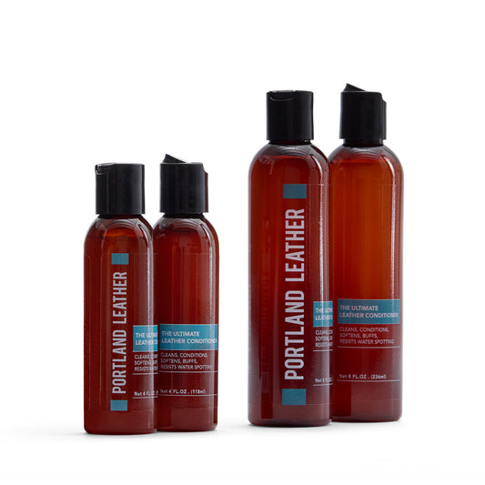 All Variants | The Ultimate Leather Conditioner bottles with squeeze disc top cap in 4oz and 8oz sizes